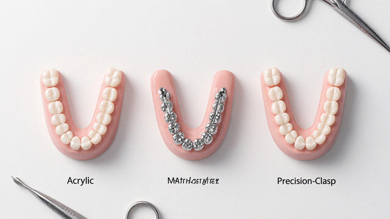 Tři typy nasazovacích zubů – akrylové, kovové a kombinované – s detaily přichycovacích prvků na bílém pozadí.
