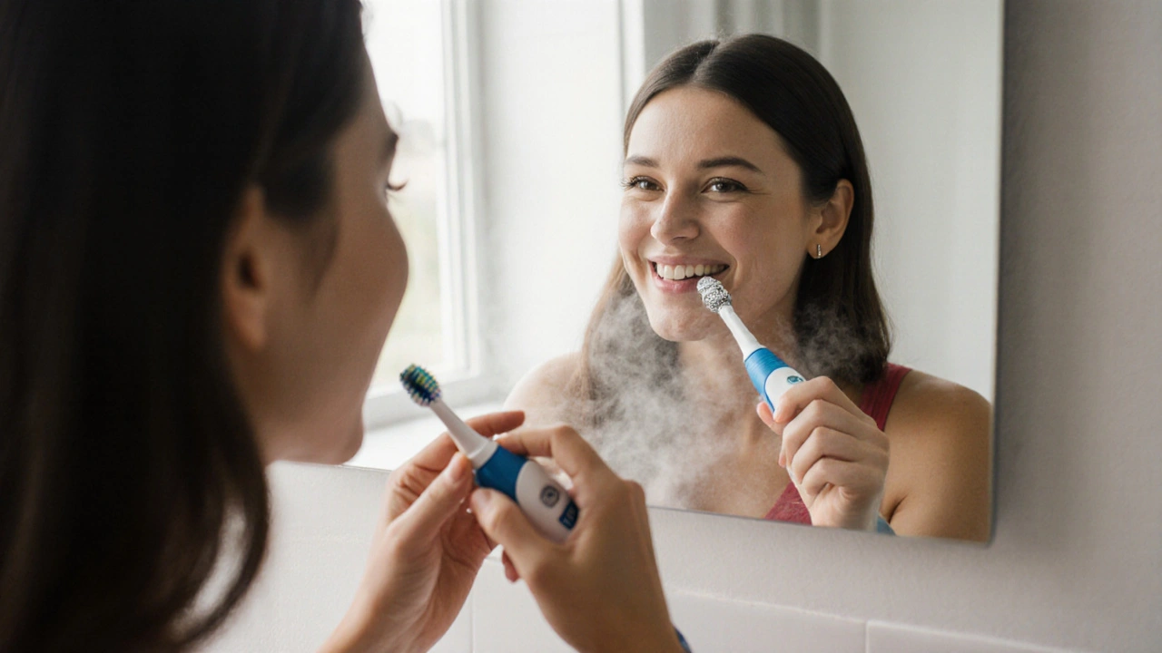 Žena čistí zuby hlavicí s čipem, odraz v zrcadle ukazuje barevný kroužek.