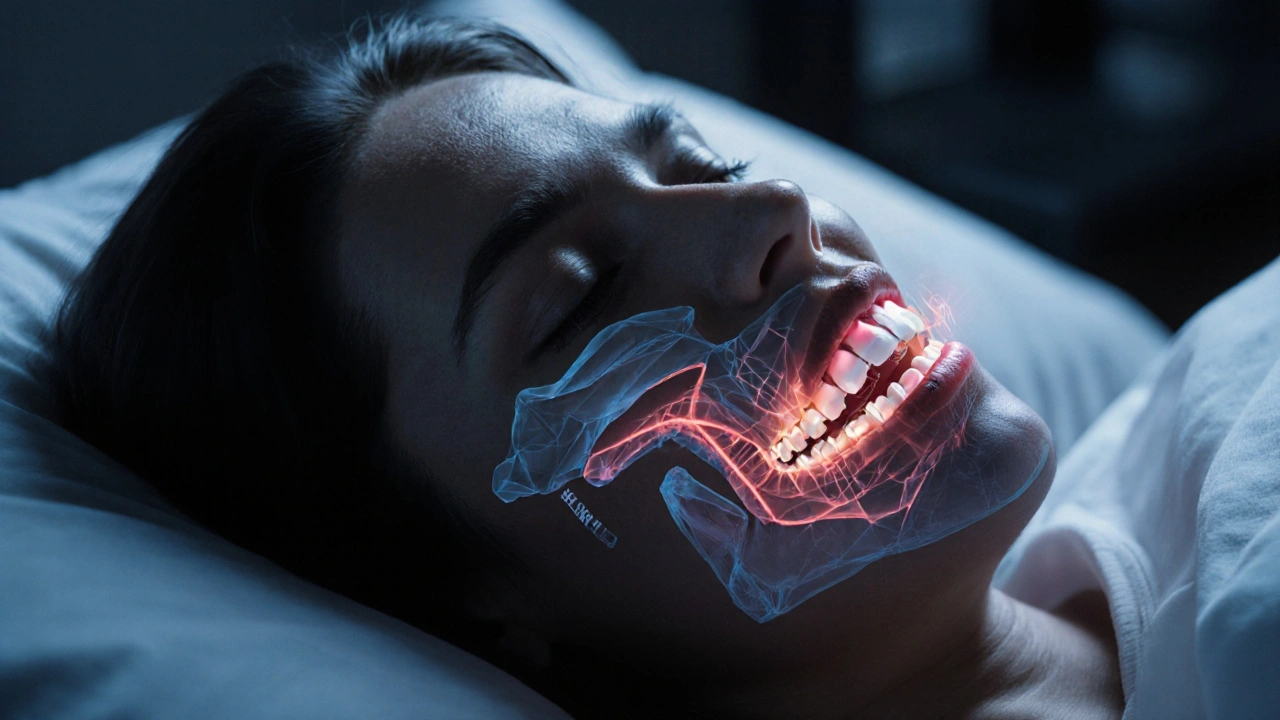Žena spící s přehledem tlaku na čelist a prasklinami v zubech