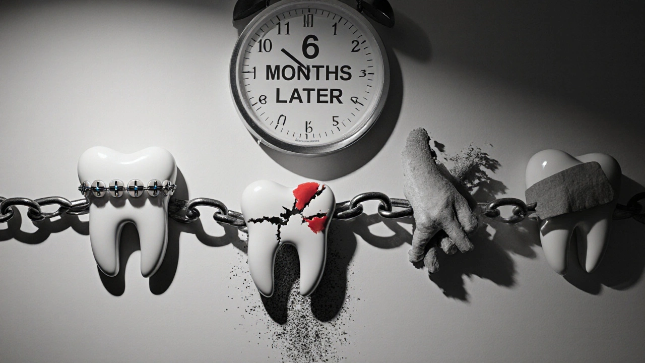 Zlomený řetězec zubů symbolizující následky zanedbávání zubní péče po rovnátkách.