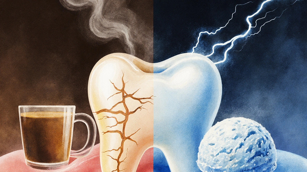 Zub vystavený extrémním teplotním šokům s viditelnými trhlinami