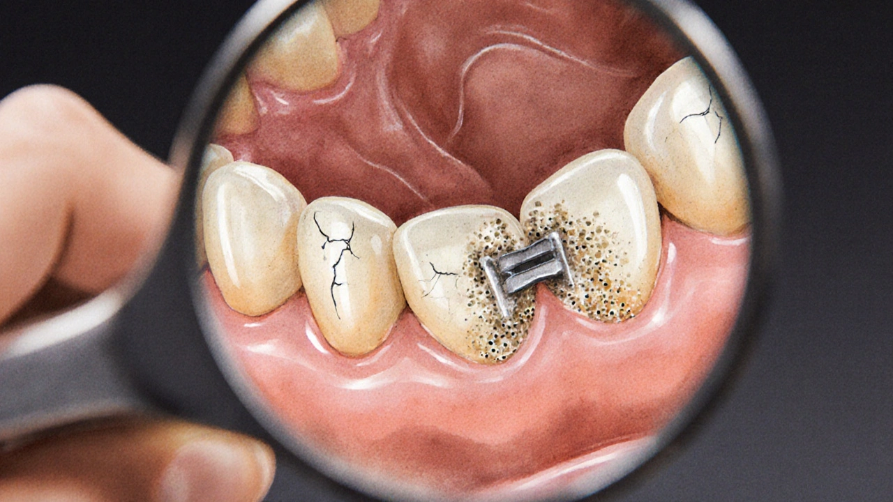 Zvětšený pohled na poškození zubní protézy pod zrcátkem s viditelnými trhlinami a plísní.
