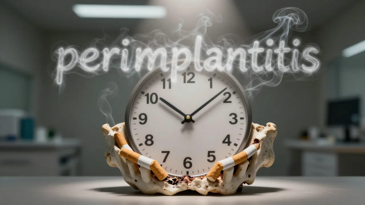 Clock made of cigarette butts showing bone loss over years after implant placement.