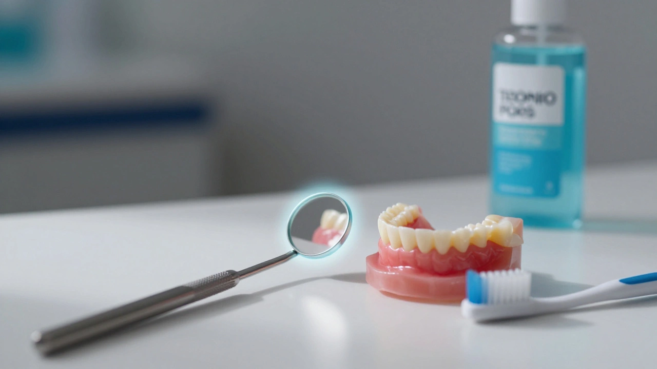 Dentální zrcátko a potřeby pro ústní hygienu na čistém povrchu.