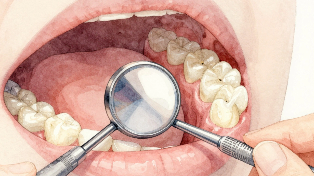 Dentální zrcátko odrazuje spodní stranu protézy s drobnými zbytky jídla a plakem.