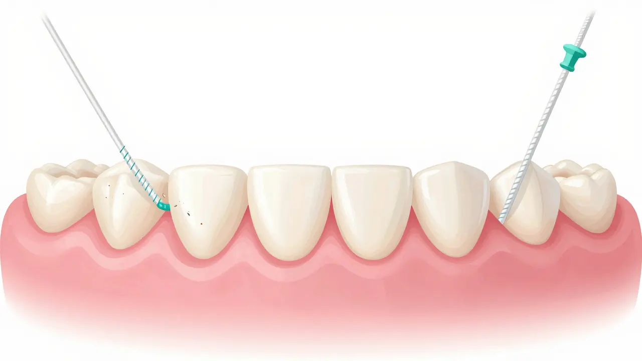 Dva typy zubních stehů: rozpadající se a nerozpadající se, vedle sebe.