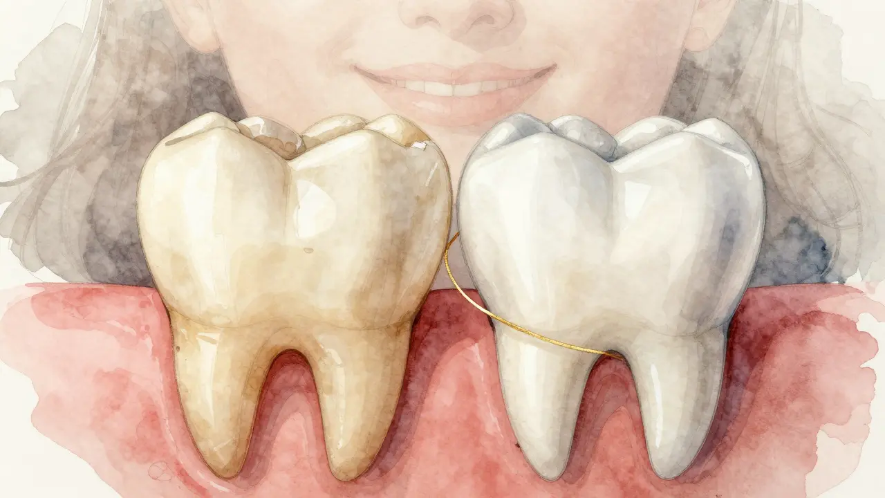 Dva zuby vedle sebe: jeden poškozený, druhý dokonale upravený s keramickou fazetou.