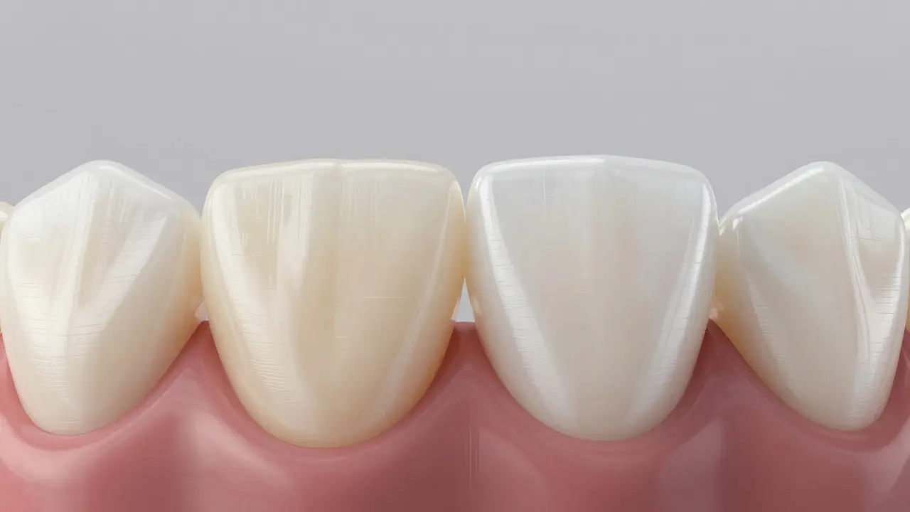 Dvě přední zuby: přirozeně žlutý a bílý keramický plátek vedle sebe s detailním přechodem.