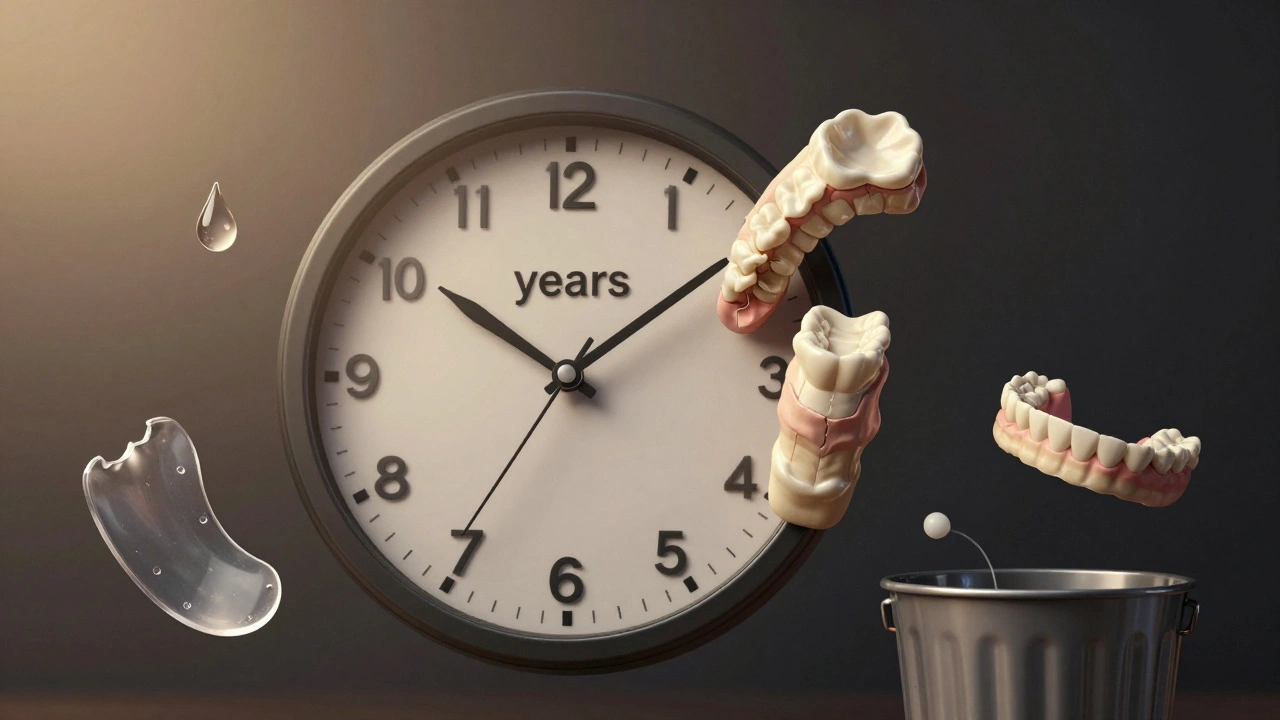 Hodiny tvořené zubními oblouky, symbolizující 5letou lhůtu pro novou protézu.