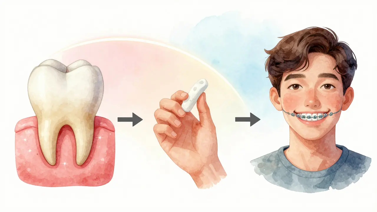 Ilustrace přeměny zubu s přizpůsobením kosti a použitím ortodontického vosku.