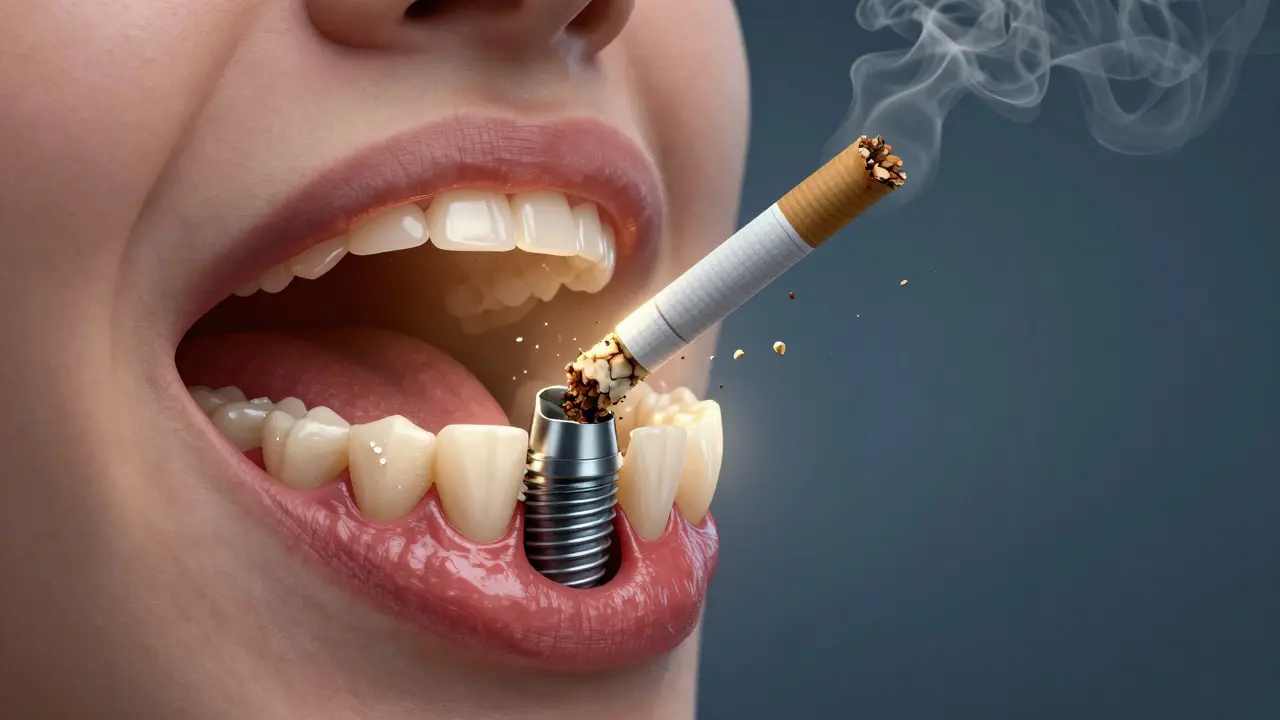 Inflamed gums and crumbling bone around an implant, with cigarette smoke causing decay.