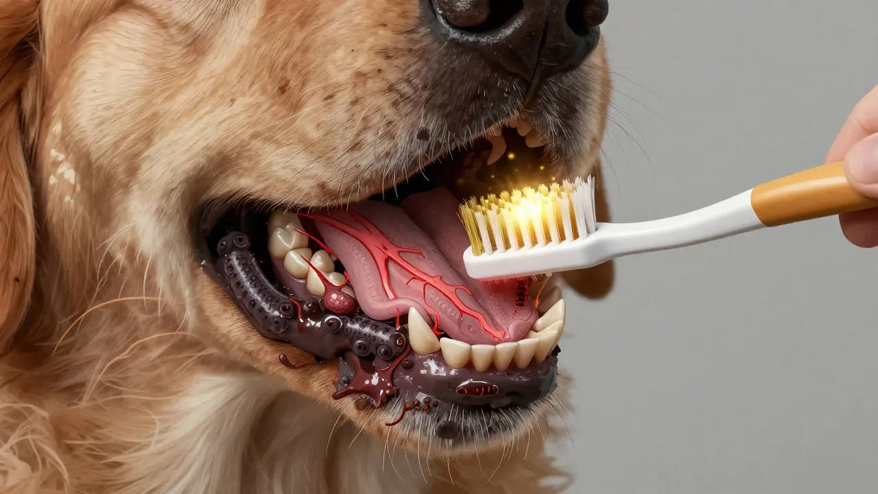 Koncepční obrázek psího úst jako bojiště: zubní kámen a infekce se šíří k srdci a ledvinám, zatímco ultrazvuk a kartáček bojují proti ním.
