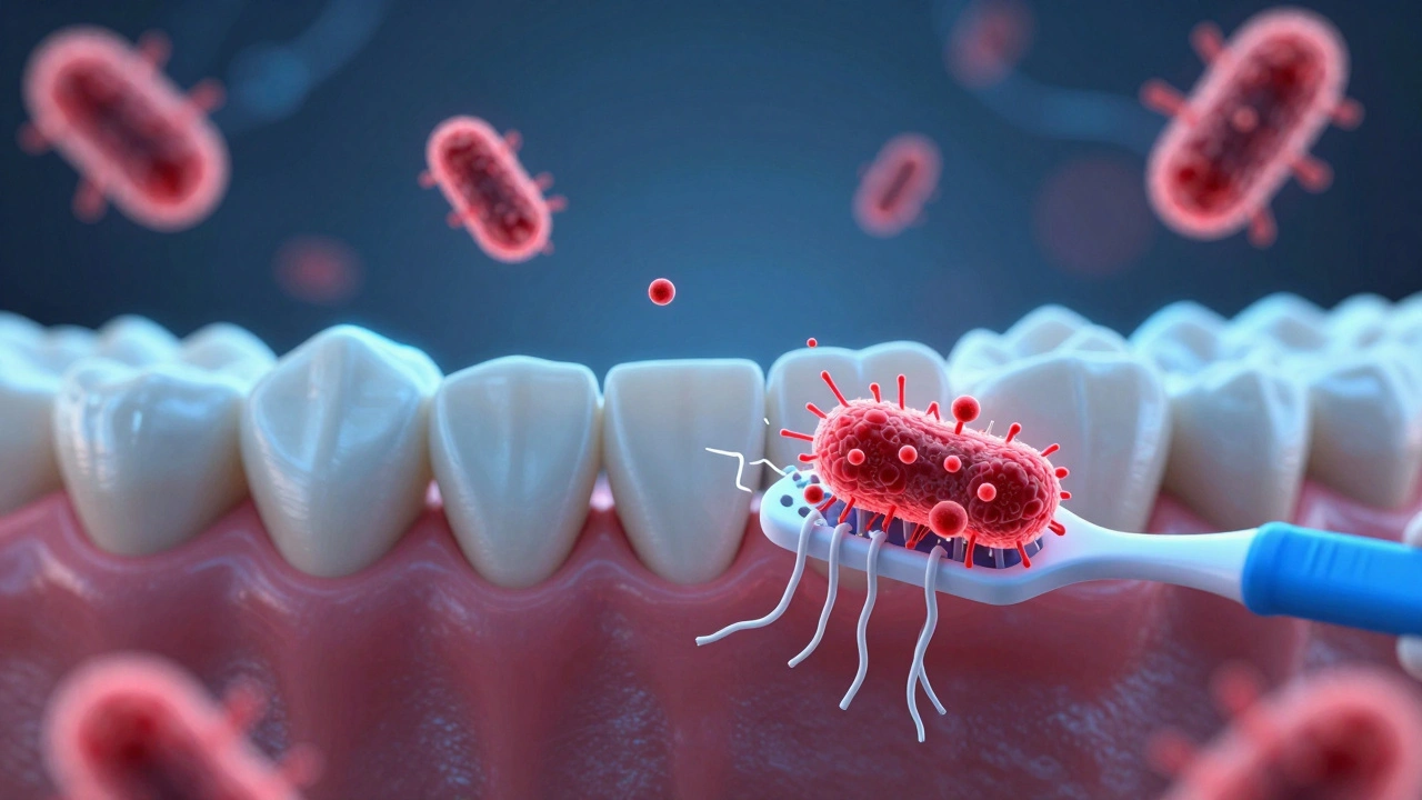Konceptuální obrázek bakterií shromažďujících se na poškozeném mezizubním kartáčku uvnitř úst.