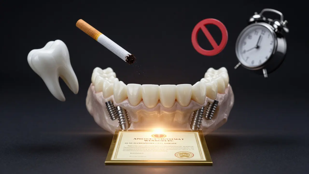 Kostní struktura s čtyřmi implantáty a keramickou protézou, symbolizující trvalé řešení ztráty zubů.