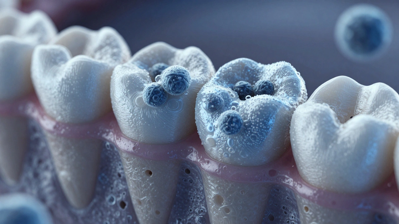 Mikroskopický pohled na povrch zubu po odstranění zubního kamene.