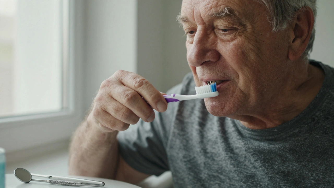Muž čistící zuby s mezizubní kartáčkem po implantaci