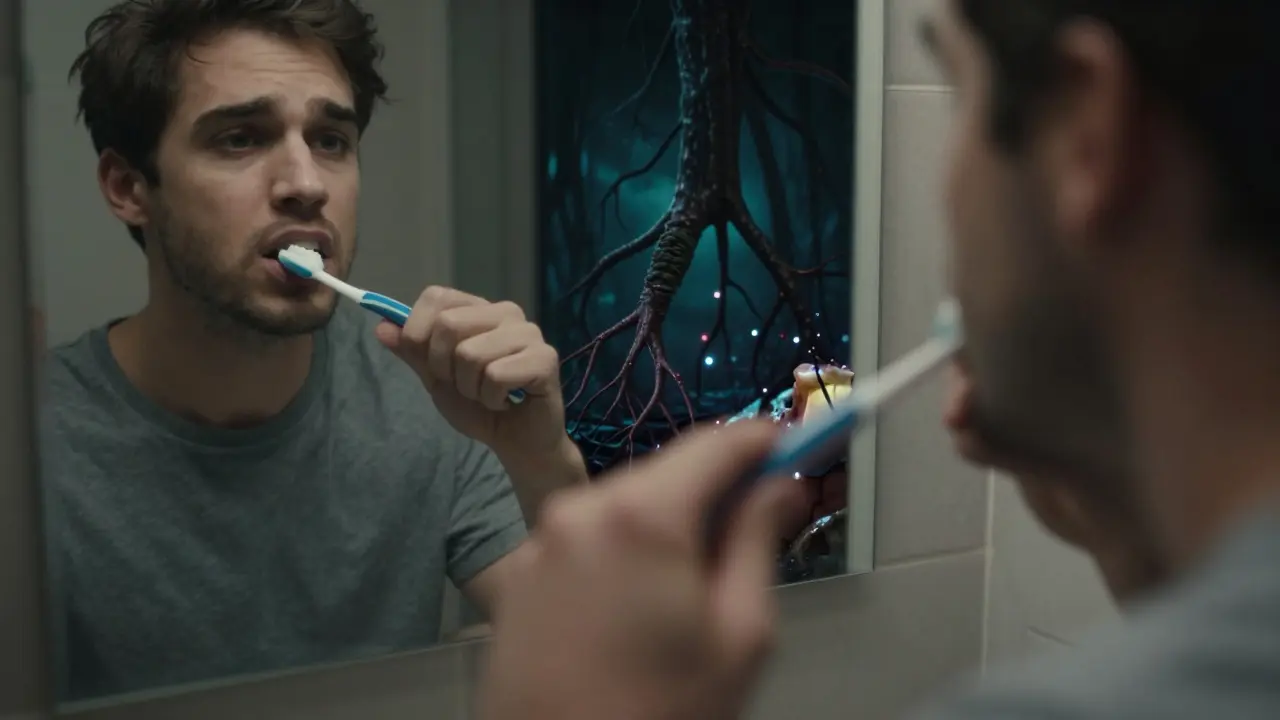 Odrážka v zrcadle ukazuje skrytý zubní kámen pod dásněmi