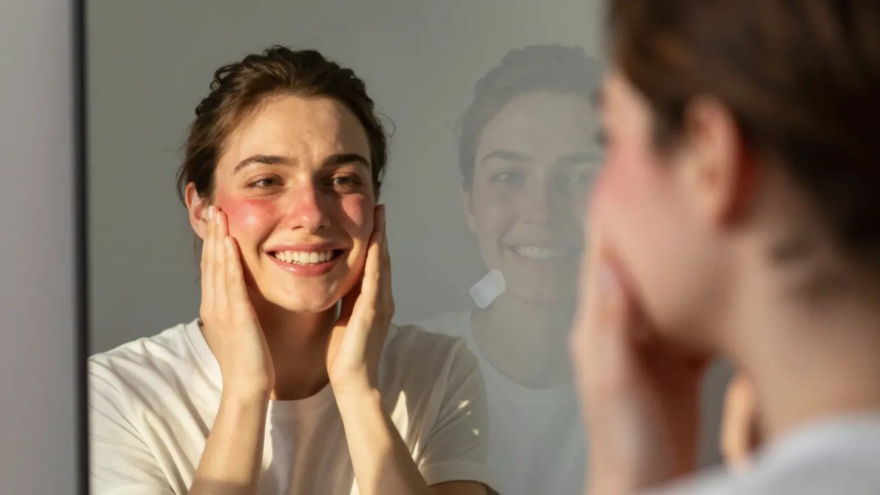 Osoba se usmívá do zrcadla, implantát je vidět, dřívější bolest postupně mizí.