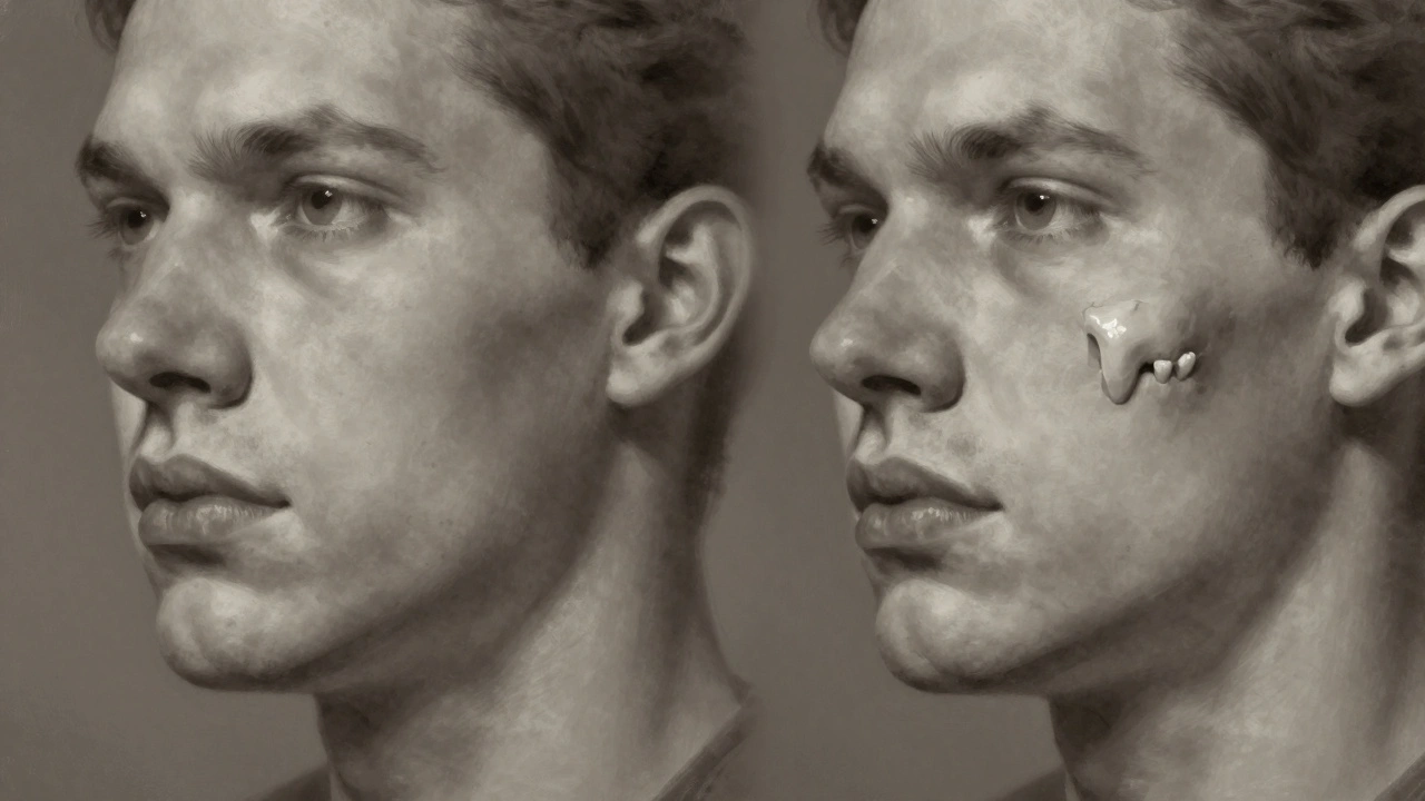 Porovnání zdravého a atrofovaného obličeje po dlouhodobé ztrátě zubu.