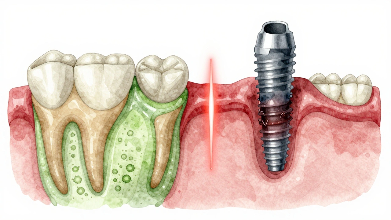 Porovnání zdravého a zánětlivého implantátu v rozděleném obrazu