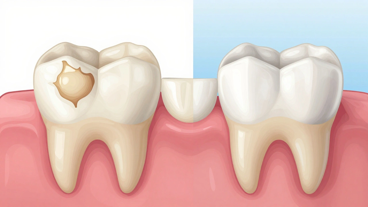 Porovnání zubu s nesprávně vybroušenou a správně vybroušenou výplní.