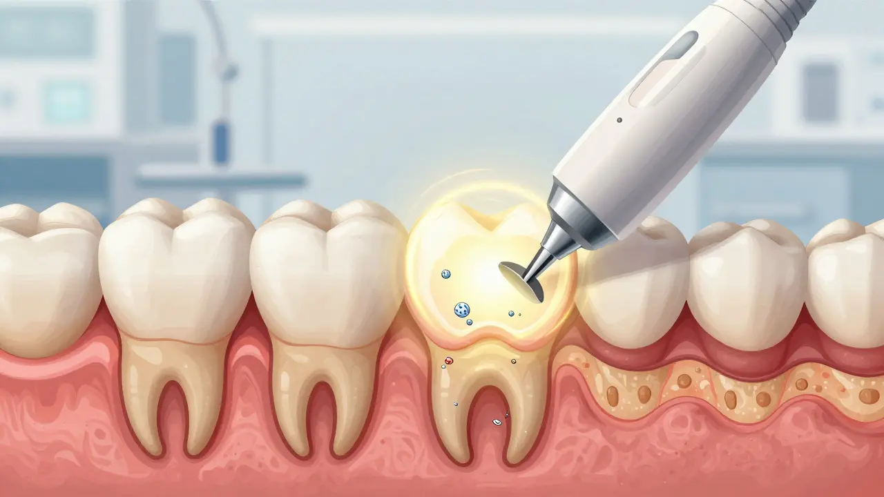 Přehled zubní skloviny během odstranění zubního kamene a obnovy minerálů.