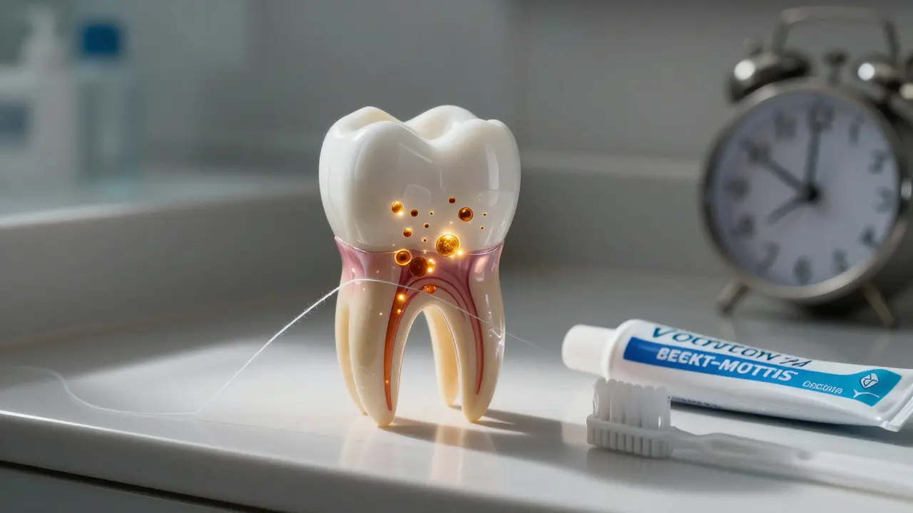 Přehledný pohled do zubu s bakteriemi a nástroji pro prevenci kazu.