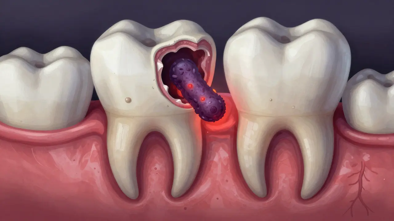 Přehledový výřez zubu s bakteriemi a poškozením kosti pod dásní