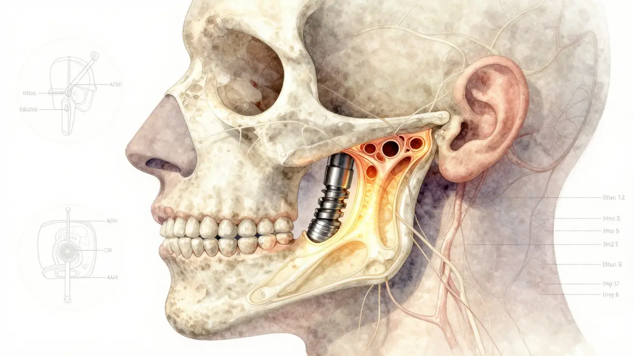 Průřez čelisti s implantátem a nově růstoucí kostí, teplé odstíny hojení.