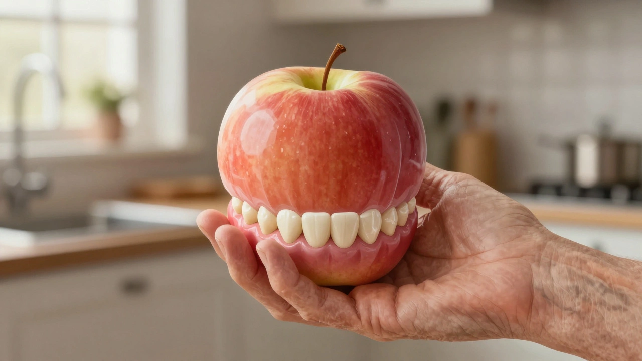 Ruka drží jablko, přičemž keramický zub je vidět pod kůží dásní.