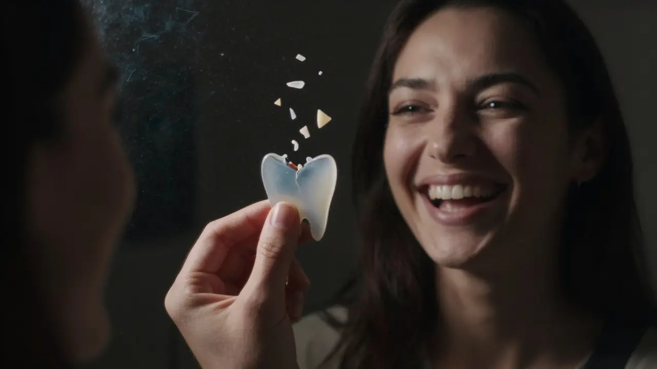 Ruka drží zubní fazetu, v zrcadle se odráží široký úsměv ženy s novým úsměvem.