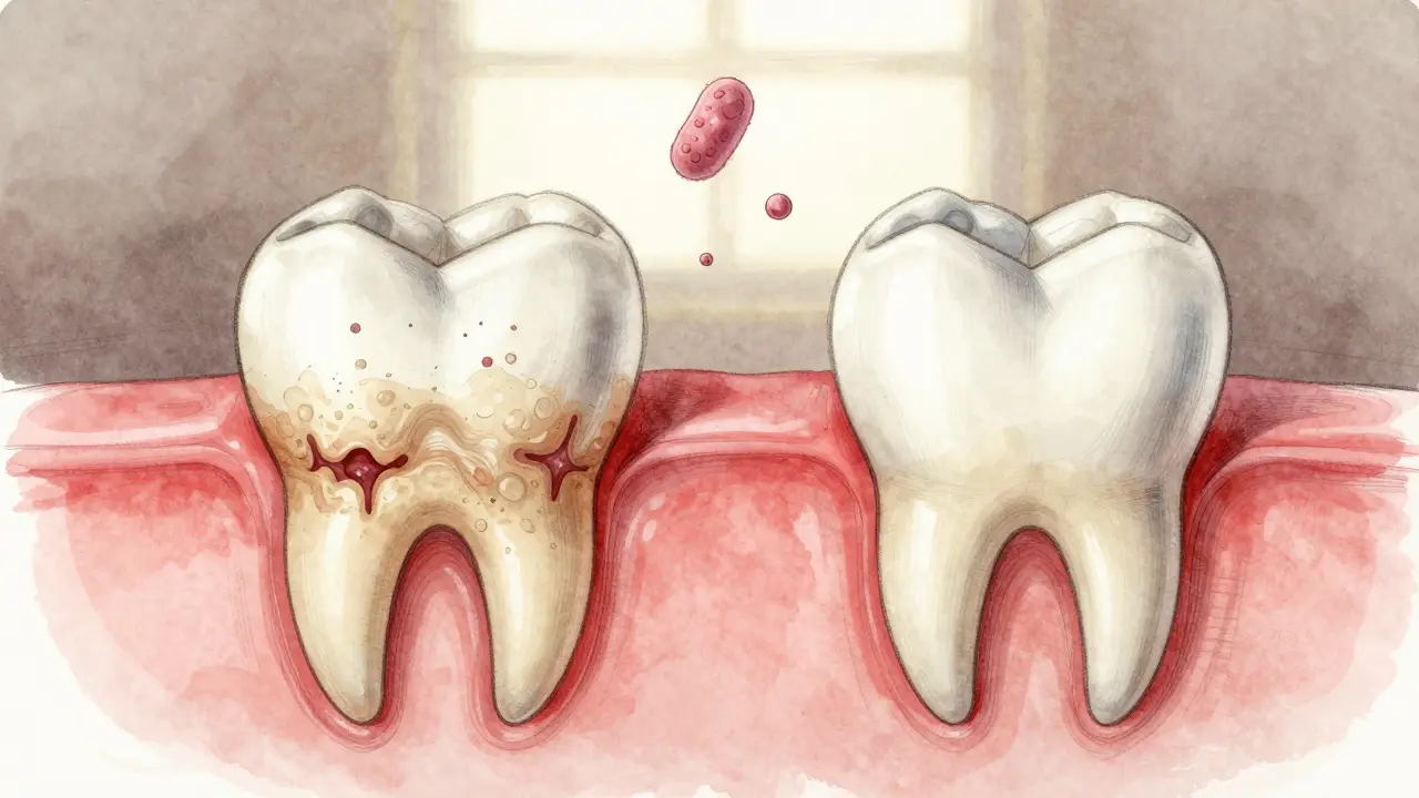Srovnání zubu s kamenem a čistého zubu s viditelným zánětem dásní a bakteriemi.