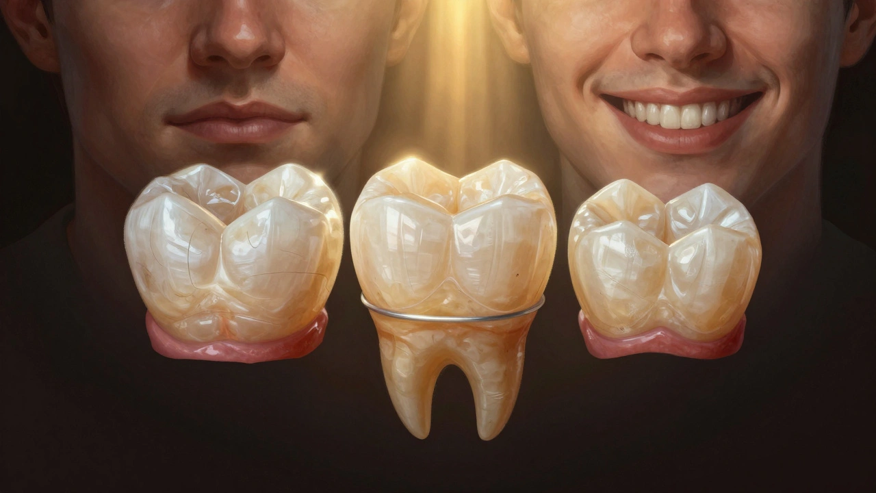 Tři zubní léčebné metody – korunky, lamináty a kompozitní vložky – s kontrastem mezi zavřeným a otevřeným úsměvem.