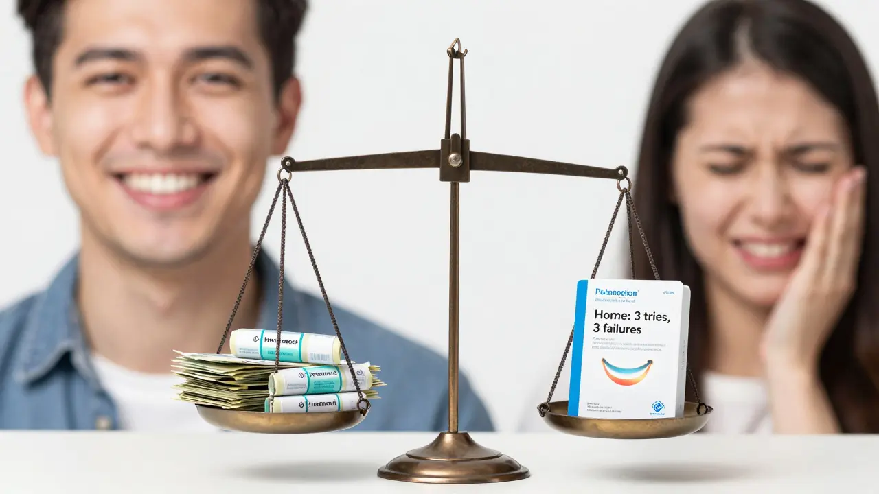 Váha s domácími bělicími produkty na jedné straně a profesionálním bělením na druhé, s úsměvem a bolestí v pozadí.