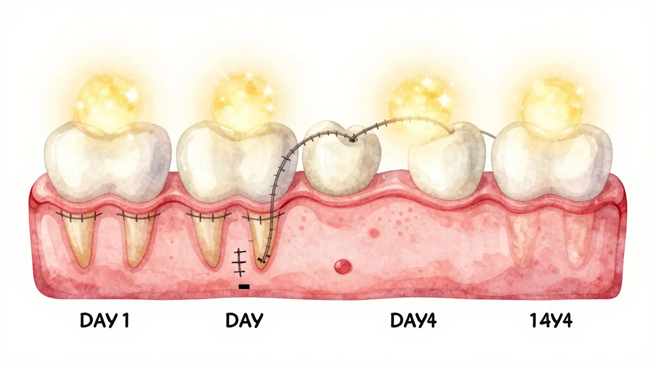 Vizuální časová osa hojení dásně po extrakci zubu od dne 1 do 14.