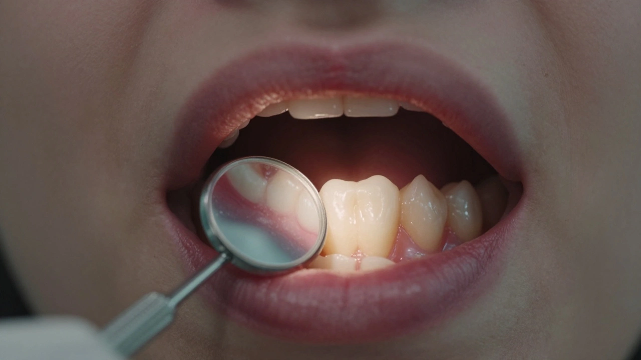 Vnitřní pohled do úst ukazující zčervenání dásně pod posledním zubem.