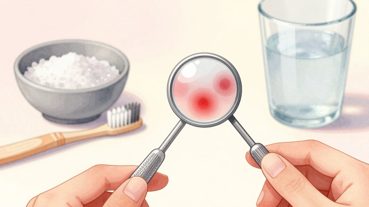 Vodová barva ilustrující tři příznaky ústních vředů s dentálním zrcátkem.