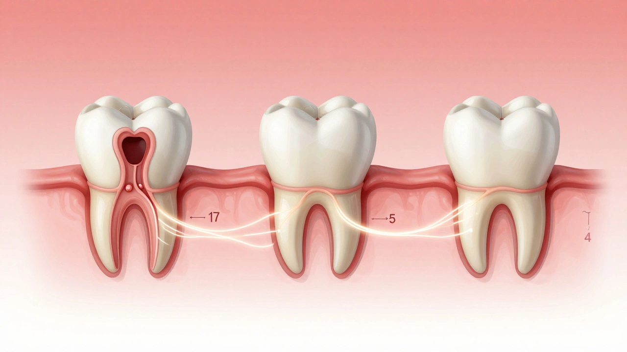 Vývoj kosti v jamce po vytržení zubu ve třech fázích: krevní sraženina, první kostní tkáň, pevná kost.