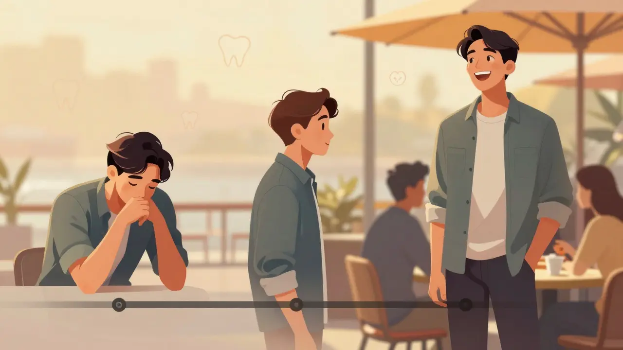 Vývoj postojů člověka od stesku k sebevědomí: od zakrytého výrazu k otevřenému smíchu.