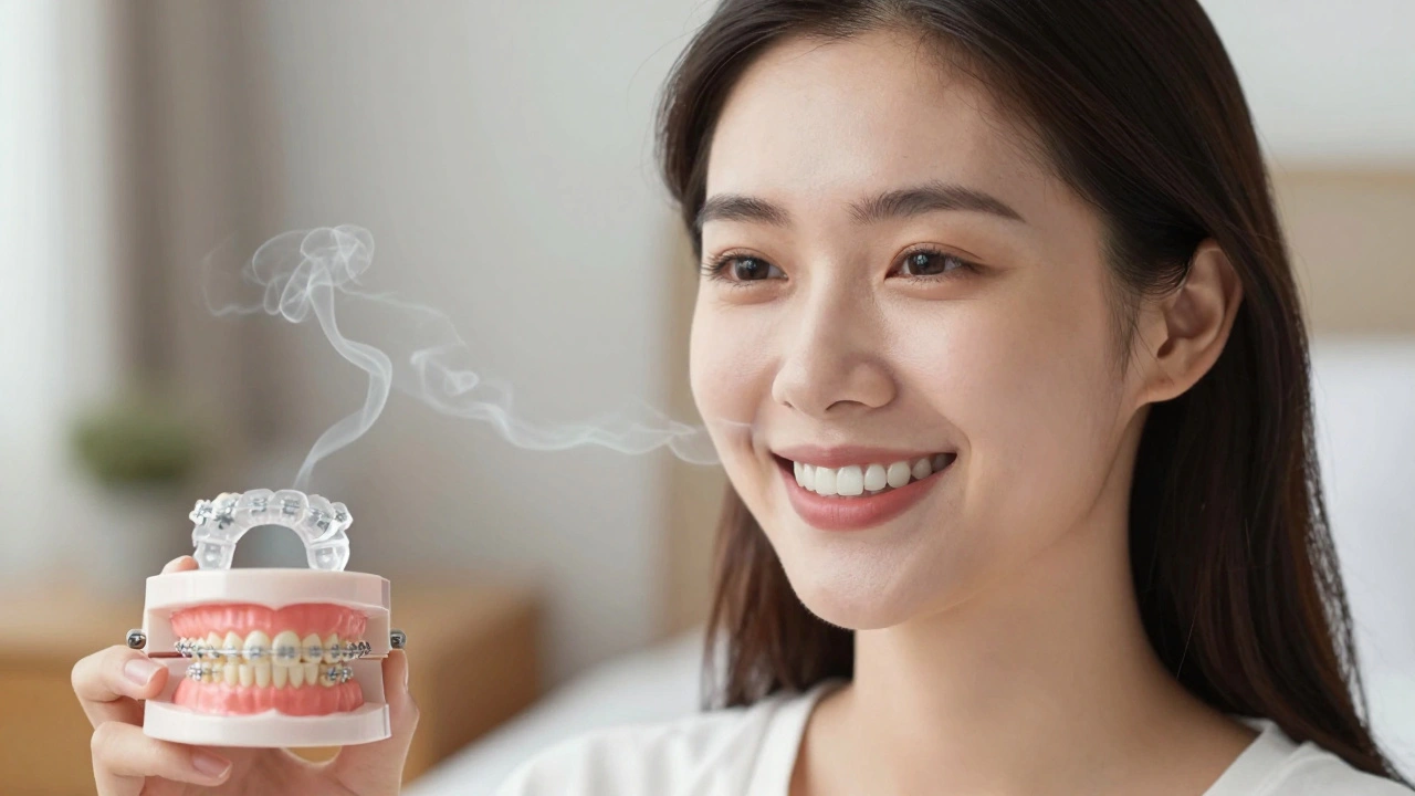 Woman smiling confidently with subtle hint of veneers, while braces fade into the background.