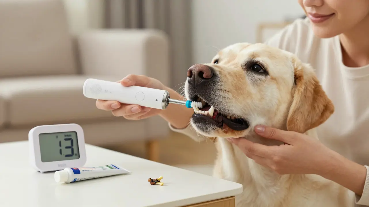 Žena čistí psu zuby ultrazvukovým čističem, pes je klidný, na pozadí jsou zubní past a časovač.