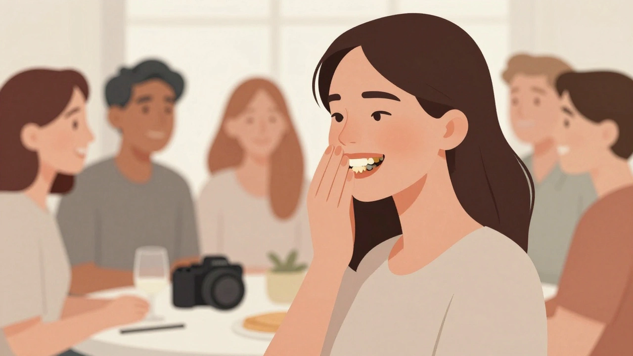 Žena se vydává od skupiny lidí, kteří se smějí, a přikrývá ústa rukou kvůli stydu z barvy zubů.