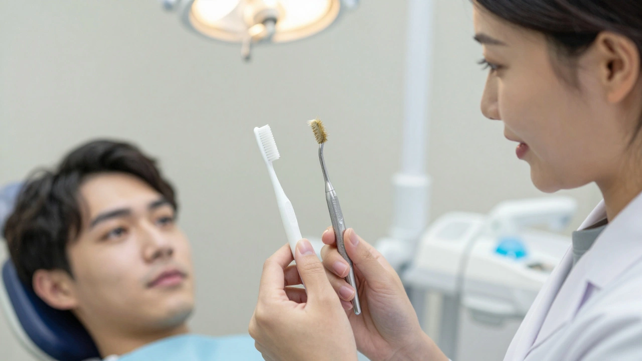 Zubní hygienička ukazuje pacientovi rozdíl mezi novým a poškozeným mezizubním kartáčkem.