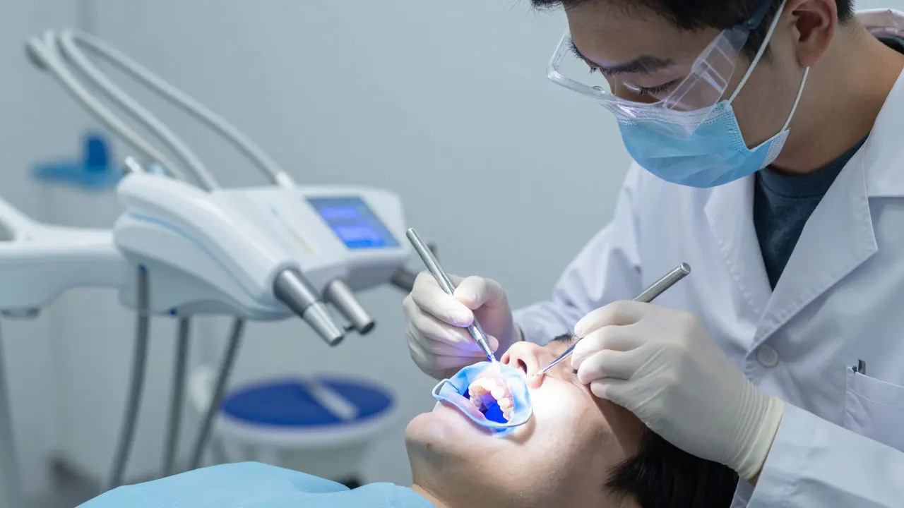 Zubní lékař aplikuje bílící gelem na zuby pacienta pod modrým světlem v klinice.