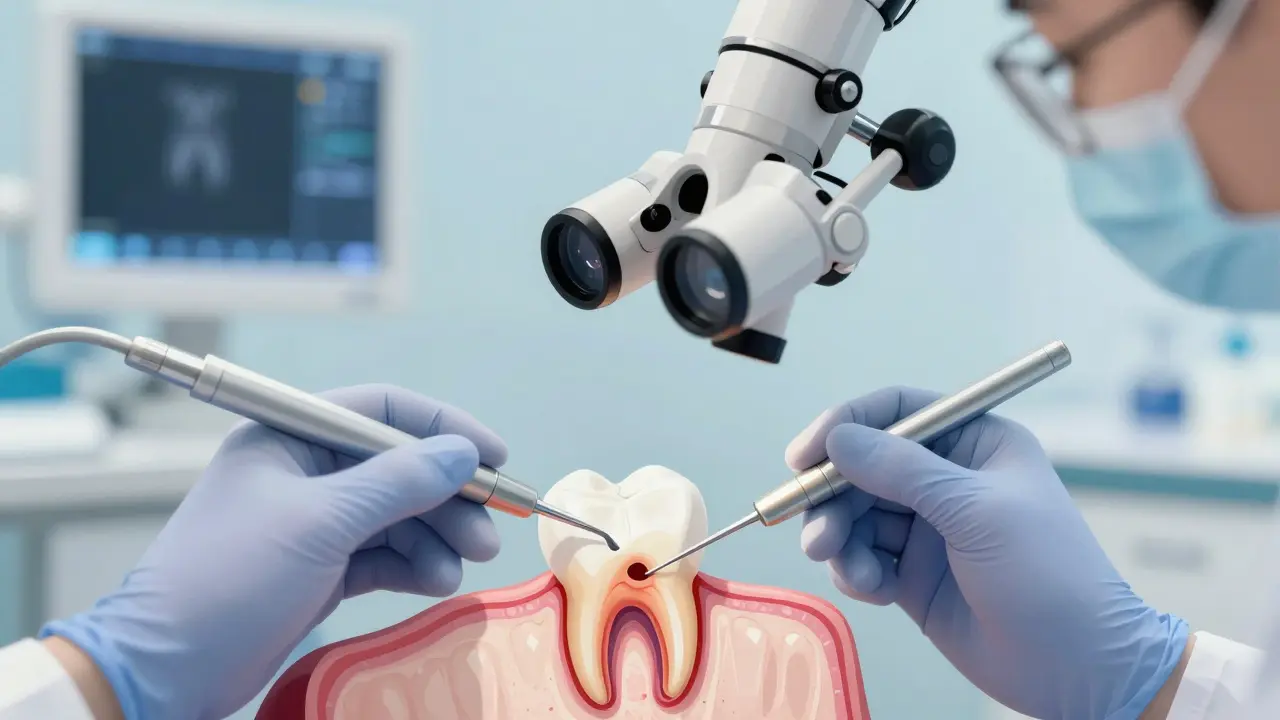 Zubní lékař provádí léčbu kořenových kanálků pod mikroskopem.