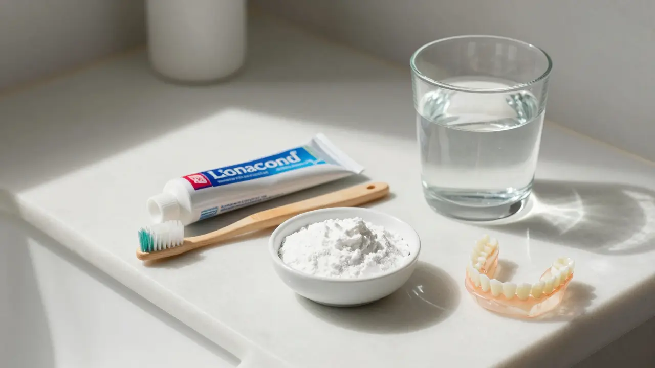 Zubní protézy namočené v roztoku jedlé sody na koupelnové police, vedle běžné zubní pasty s fluoridem.