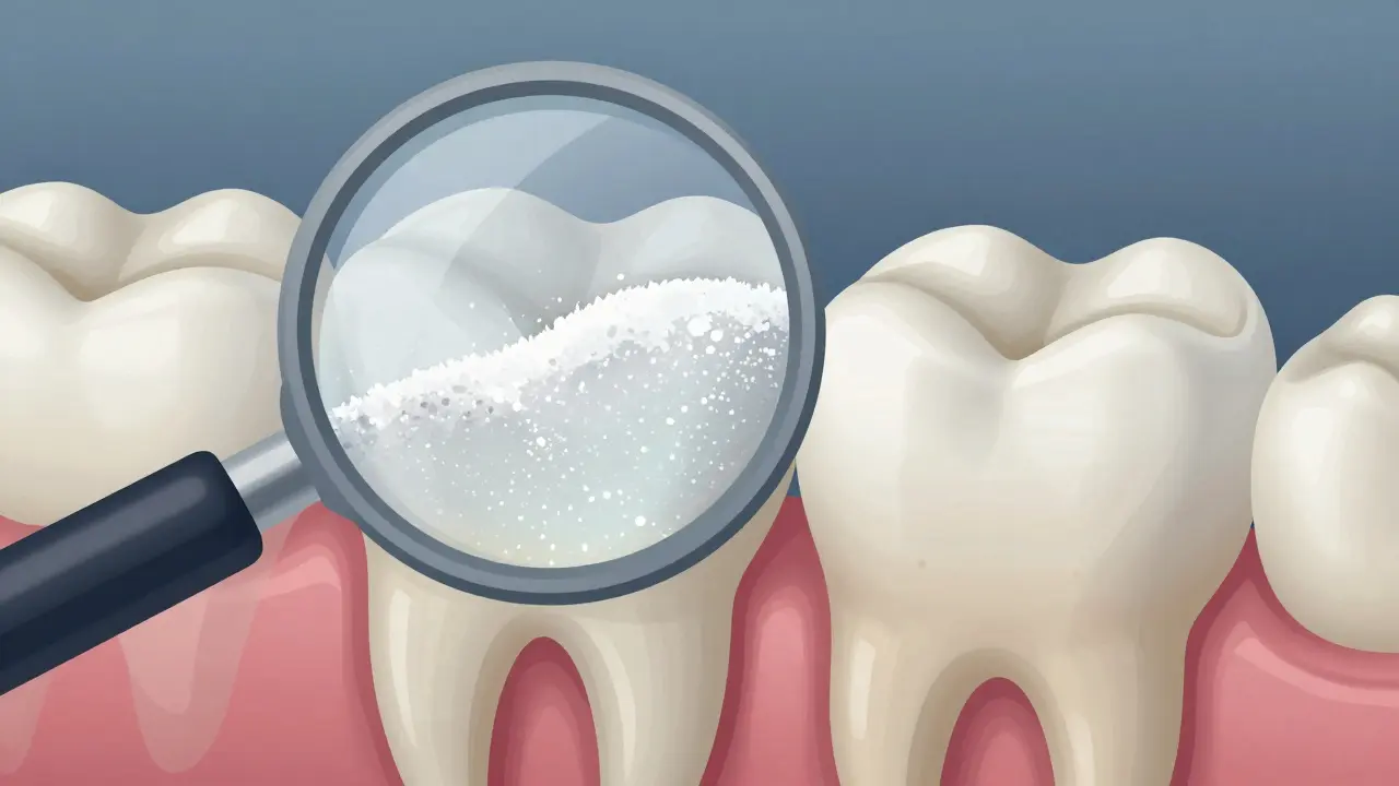 Zvětšený pohled na zubní sklovinu poškozenou abrazivní jedlou sodou, s viditelným dentinem pod ní.