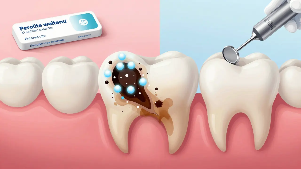 Zvětšený řez zubem, kde bílé molekuly rozkládají tmavé skvrny z kávy a čaje.