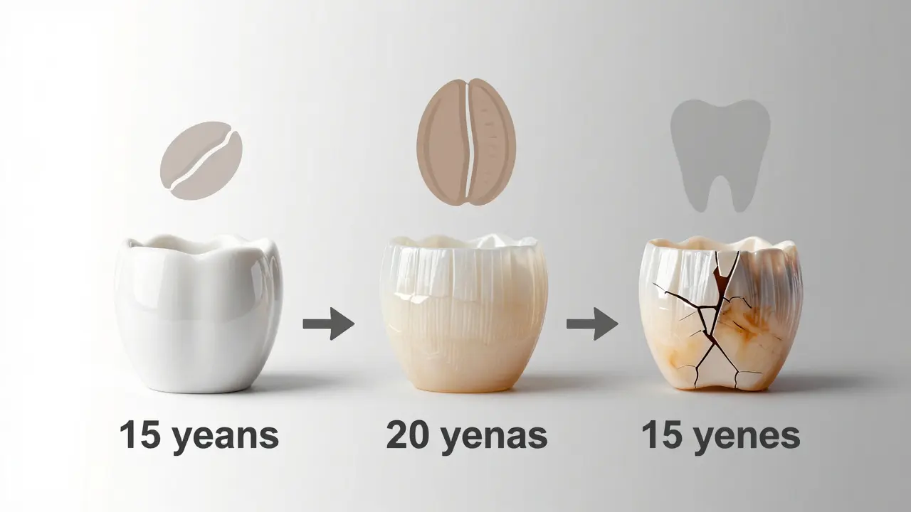 Časová osa životnosti tří materiálů pro zubní fazety: keramika, zirkonie a kompozit s příznaky opotřebení.