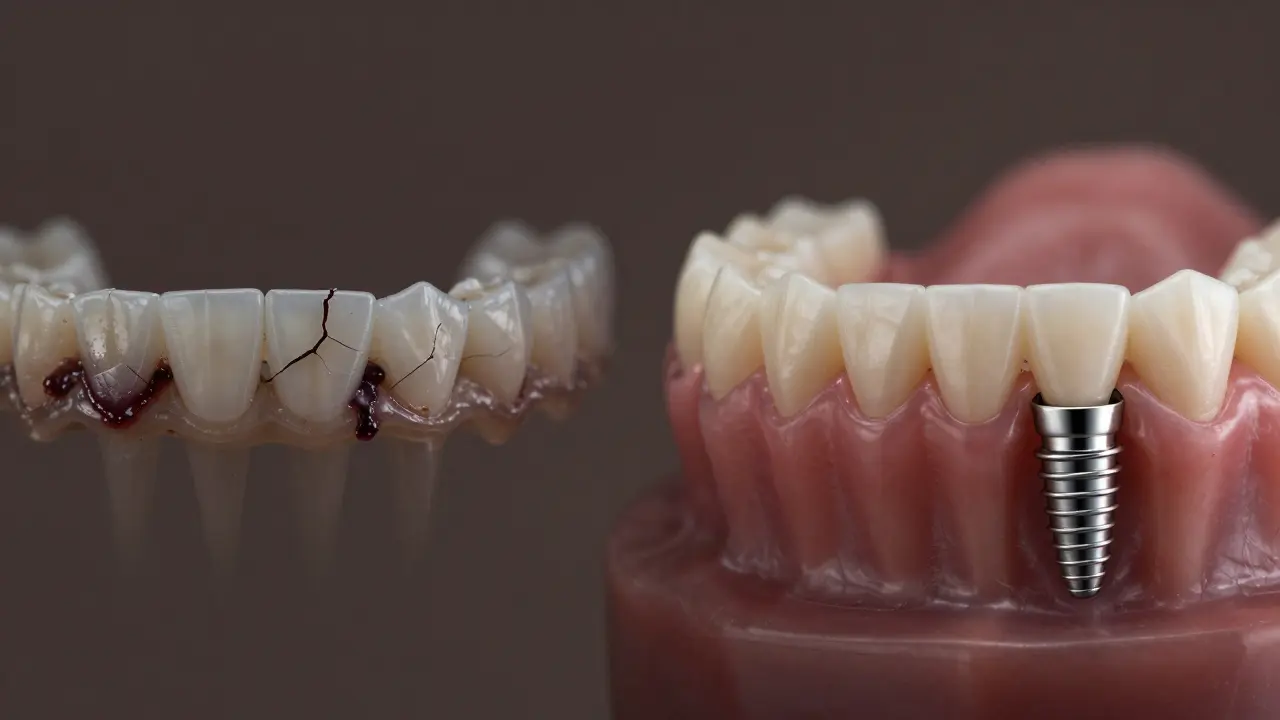 Chronologický přehled: poškozené nalepovací zuby, přechodné protézy a trvalé implantace v harmonickém přechodu.